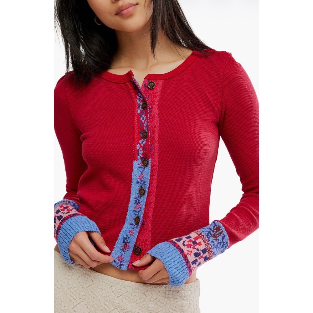We the Free NOA Cardi Waffle Knit Thermal Cardigan Fair Isle Cuffs Floral NWOT